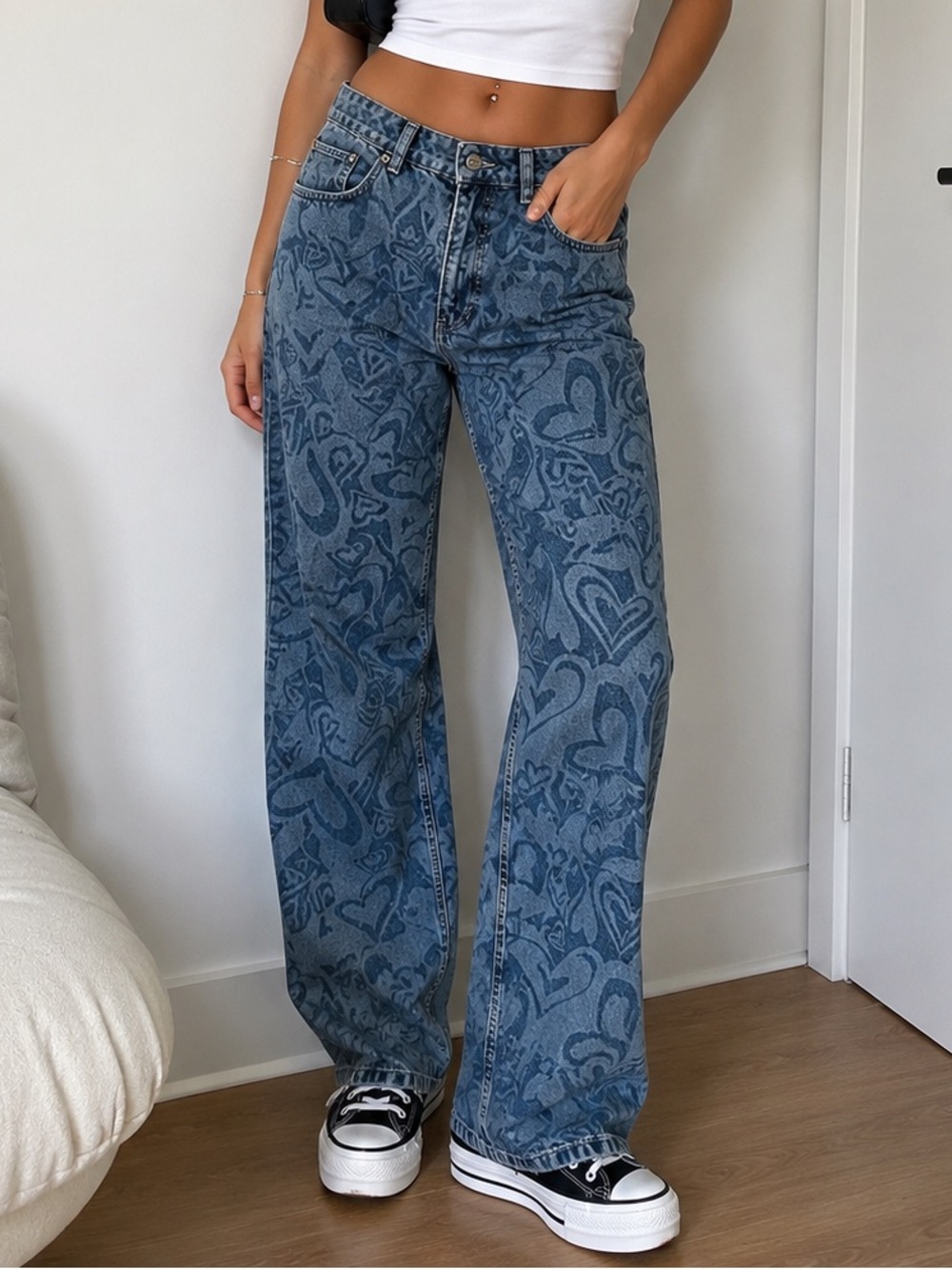 Ragged Jeans Heart Print Straight Leg Jeans Size 28 Y2K Graffiti Denim Statement